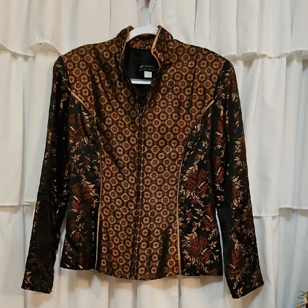Vintage Jessica McClintock black and gold brocade jacket.